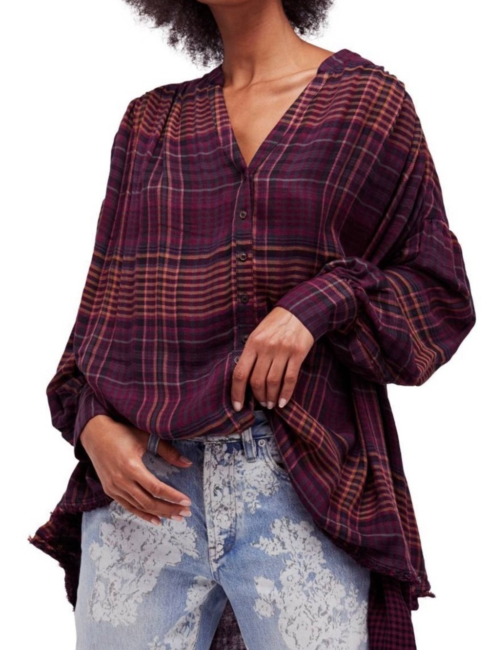 Free People Berry Plaid Gathered Tunic